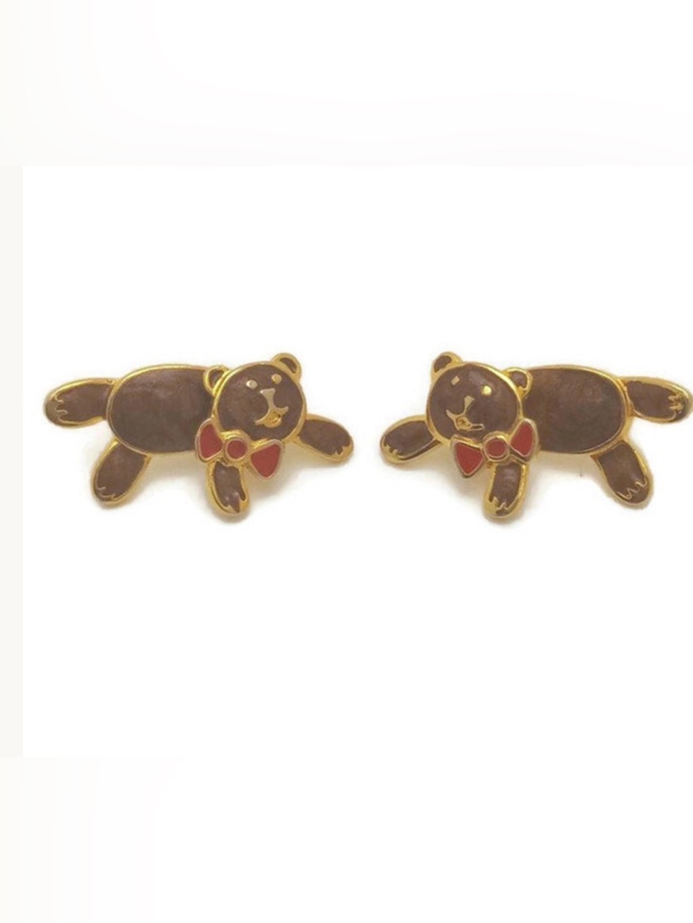 Vintage Berebi Teddy Bear Enamel Post Earrings Gold Tone Red Bow Cute Animal